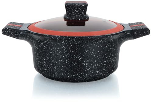Herzberg,HGRSCAS32, Cocotte in Granito con Coperchio in Vetro, 32 cm, Ideale per Cottura Sana, Resistente ai Graffi, Facile da Pulire, Colore Rosso e Nero