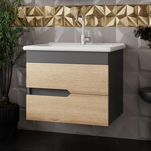 Karen Waschtisch mit Unterschrank Marmara | Keramikwaschbecken | Unterschrank | Badmöbel | Einbauwaschbecken | Waschtischkommode | Badezimmer | Anthrazit | Eiche (Marmara 65)