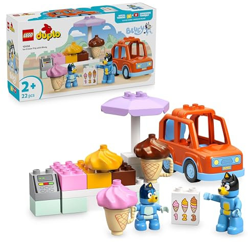 LEGO DUPLO Bluey: Ice Cream Trip with Bluey - Educational Motor Skills Toy for Toddlers, with a Toy Car and Ice Cream Stand, plus 2 Figures incl. Bandit - Gift for 2+ Year Old Girls & Boys - 10458