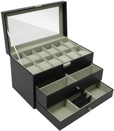 Dettchan Schwarz Schmuckkästchen, Desktop-Schmuckschrank Uhrenschatulle Schmuckschatulle, für Schlafzimmer Wohnzimmer Ankleidezimmer 33.5 * 19.4 * 20.5cm