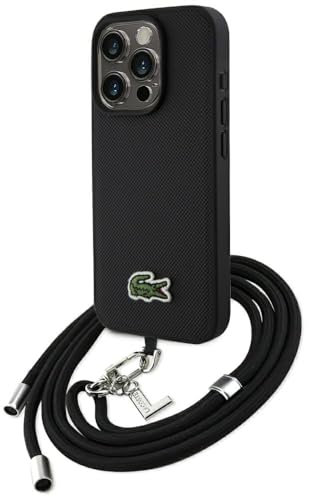 CG MOBILE Lacoste Iconic Petit Pique Crossbody Cord Hülle für iPhone 15 Pro kompatibel mit MagSafe (Schwarz)