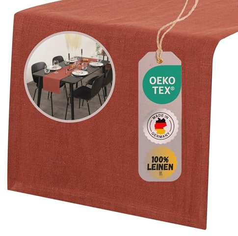 chambry Tischläufer 100% Leinen Stonewashed – Handarbeit Made in Germany – Größe und Farbe wählbar – natürliche und hochwertige Tischdekoration aus Naturmaterial Terra Cotta 40cm x 200cm