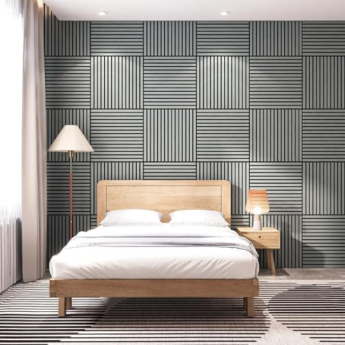 NEU.HOLZ Akustik Wandpaneele Vang 4er Set Wandverkleidung zum Kleben und Schrauben 1,44 m² Holzfurnier 3D Paneele geradlinige Lamellen in Eichenoptik, hellgrau
