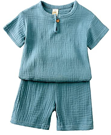 Set Di Abbigliamento Bambini Cotone e Lino Girocollo Elastico In Vita Completo Neonato Casual Coordinato Set 2 Pezzi Comodi Abbigliamento Da Spiaggia Unisex Morbido T Shirt Manica Corta E Pantaloncini