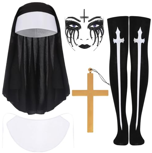 IWTBNOA Nonne Kostüm Damen, 6 Stück Kostüm Nonne Zubehör mit Nonne Kopfbedeckung, Kragen, Kreuzkette, Tattoo Glitzersteine Gesicht, Hohe Socken, Halloween kostüme Frauen für Cosplay Fasching