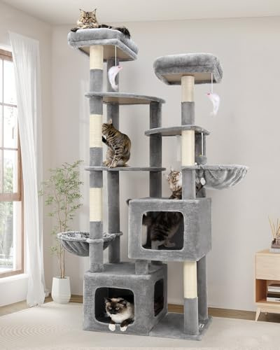 Globlazer Albero Tiragraffi per Gatti XXL 194 cm Alto con 2 Grande Grotte 45*40*35cm, 2 Vasto Piattaforma 45*40CM, 2 Trespoli, 2 Cestini, Enorme Tiragraffi per 2-6 Gatti Adulti (S74E, Grigio Chiaro)