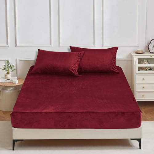 YASMENG Winter Plüsch Spannbettlaken 90x200cm Rot Weinrot Warm Kuschelig | Fleece Bettlaken 90x200cm Weich Kuschel Samt Flauschige Spannbettlaken Boxspringbett Geeignet für 30cm Matratze
