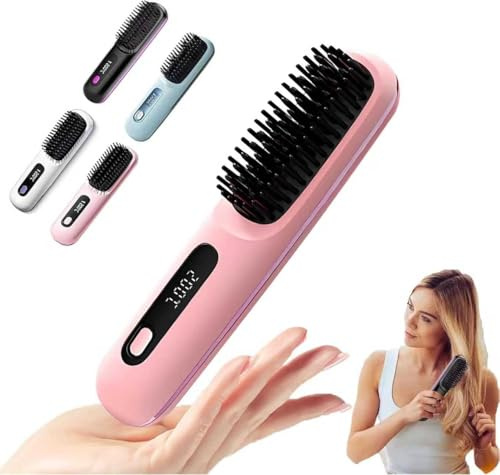 Tragbare BüRste GläTten,Eloura Berlin,HaargläTter BüRste Kabellos,Eloura Tragbare Bürste,Wiederaufladbare Glätteisen,Neu Tragbare bürste,tragbare Mini Glätteisen für Reise mit LED-Anzeige(Rosa)