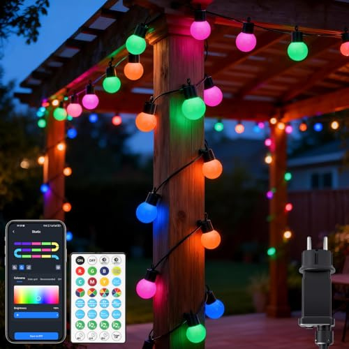 Aigostar Smart Außenlichterkette RGBIC, 5 Meter, 25 LED Glühbirne Bunt, DIY-Segmentsteuerung in Farbe, Musiksync, 39 dynamische Modi, Party Lichterkette, IP44 wassergeschützt für Innen und Außen