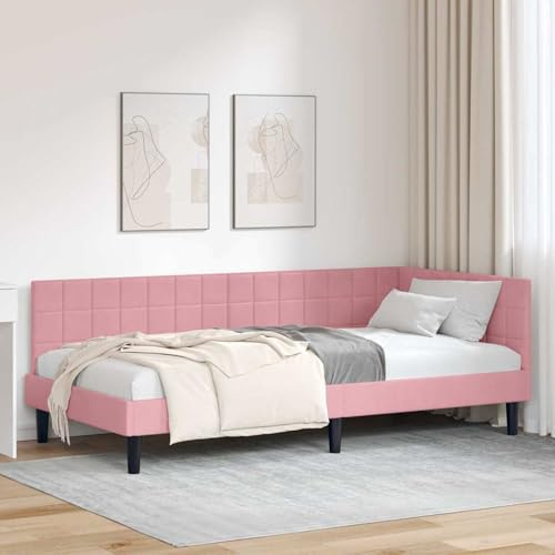 Gecheer Pink Velvet Corner Bed Frame with Slatted Base for Single Mattress - Space-Saving Design, Durable Plywood Frame, Modern Bedroom Decor Model42016421