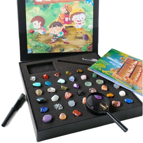 Xoeryoy 43-teilige Gesteinssammlungen für Kinder, 43 Verschiedene Edelsteine ​​für Kinder, Gesteinssammlung mit Box, Mineralien-Lernset Wissenschaft für Jungen und Mädchen