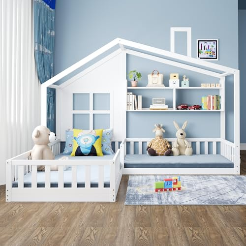 Hmdpoo Cama Infantil Casa con Ventana y Chimenea, 90x200 cm, Madera Maciza y MDF, Blanco, con Estantes y Barandilla de Seguridad, Somier Incluido, 242.5x206x170.5 cm