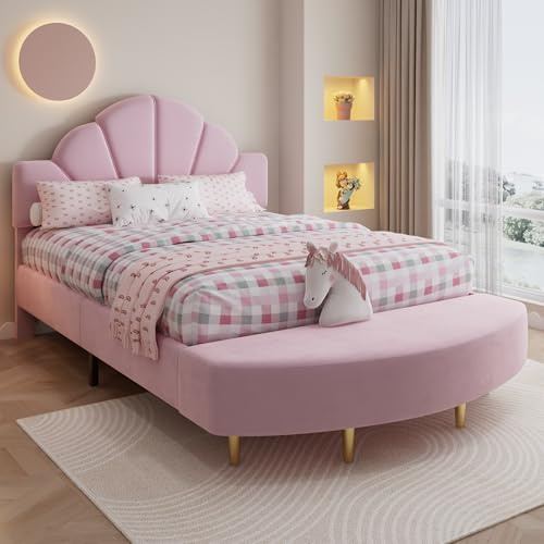 Wiuzo Letto imbottito, testiera in velluto, con panca dello stesso colore, morbido bordo in spugna anticollisione, telaio stabile, velluto + compensato, rosa, 140 x 200 cm