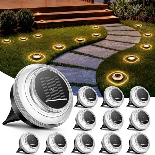 Uwithm 12 Stück Solar Bodenleuchten Außen, LED Solarleuchten Garten IP65 Wasserdicht, Solarlampen für Außen mit 4 LEDs, Dekorative Gartenbeleuchtung für Rasen,Patio,‌Balkon‌,Auffahrt&Gehweg,Warmweiß