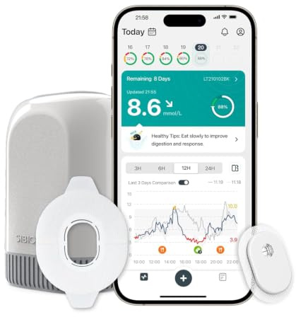 SIBIONICS GS3 Continuous Glucose Monitor - 14-Day Sensor with Overpatch | CGM sensor with glucose alarms, real-time spike insights & AI meal analysis. Quick NFC connection for iOS & Android.
