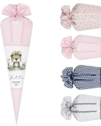 Personalisierte Schultüte aus Stoff mit Namen – Individuelle Zuckertüte für Mädchen & Jungen zur Einschulung – Handgefertigte Stoffhülle inkl. Rohling 35cm & 70cm (Otter, Rosa mit w. Punkten)