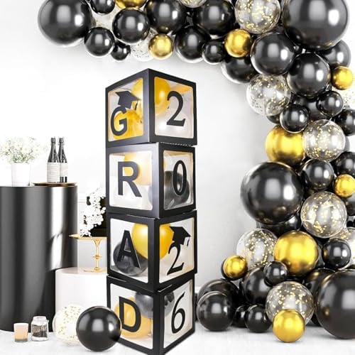 4Pcs Graduation Decorations 2026 Black Balloon Boxes | With the Letters GRAD and 2026, No Balloons | For Leavers Preschool Nursery Graduation College Prom Decorations