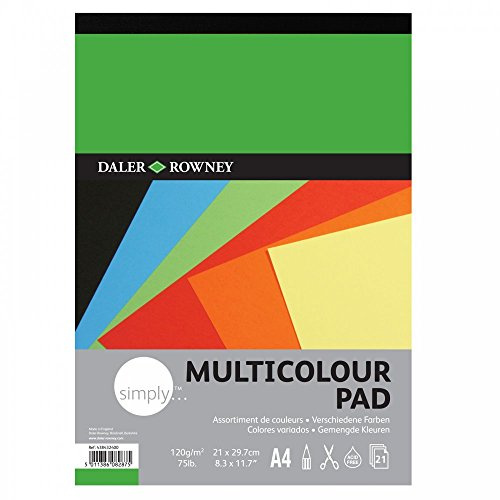 Daler-Rowney Simply Coloured Paper, Smooth Surface, 120 gsm, 75lb, Pad, Glued 1 Side, A3 - approx. 11.7 x 16.5in - 29.7 x 42 cm, Assorted Colours, 21 Sheets