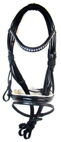 Hochwertige Trense Amber aus Leder Schwarz/Weiss Neu incl. Zügel, Größe:Warmblut