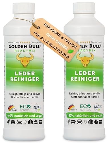 Golden Bull® Lederreiniger & Lederpflege für Ledercouch 2x500ml [STARK - VEGAN - OHNE Chemie] Leder Reiniger mit natürlichem Kokosöl für nachhaltige Reinigung & Pflege von Ledersofa Auto Couch Jacke