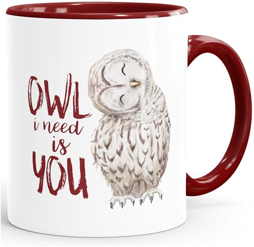 MoonWorks Kaffee-Tasse Eule Owl I need is you Liebe Spruch Geschenk Valentinstag Weihnachten Ehe Partnerschaft Bordeauxrot unisize