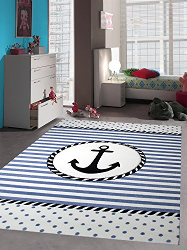 Kinderteppich Maritim Kinderzimmerteppich Jungen Teppich mit Anker in Blau Creme Größe 200 x 290 cm