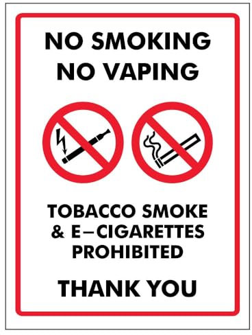 Cartello con scritta V Safety No Smoking No Vaping/Tobacco Smoke & E-Sigarettes – 150 mm x 200 mm – autoadesivo