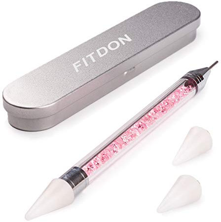 Dual-Ended Nail Rhinestone Picker Dotting Pen with Extra 2 Wax Head, FITDON Wax Tip Pencil for Jewel Gems Crystals Studs Pickup, Pink