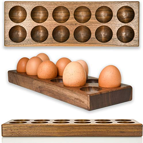 charlique® Eierbehälter – handgemachte Eierbox für 12 Eier – luxuriöse Eier Aufbewahrung - dein genialer Eierhalter aus massivem Nussholz - Kühlschrank geeignet