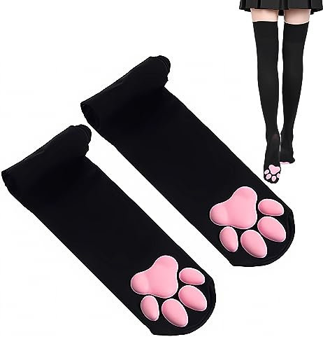 Cat Paw Thigh High Socks and Gloves, Cute Soft 3D Toe Beans Mittens, Kitten Claw Pad for Girl Women Cosplay Set, Black, M