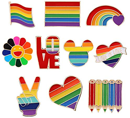 Simon Lee Woodham 10 x Regenbogen-Brosche, Regenbogen-Pride, LGBT-Pin, lesbische Broschen, Regenbogen-LGBT, für Pullover, Schals, Schals, Kleider, Anzüge, Taschen, Rucksäcke, Metall, Metall