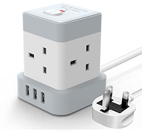 Cube Extension Lead 4M Baykul 4 Way Extension Plug Cable with 3 USB Ports (5V/2.4A) Power Strip Multi Plug Extension Cord for Home Office Travel Dorm Room