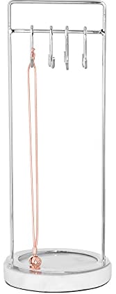 Sasha Morel Hanging Jewellery Organiser Stand with Marble Tray | Necklace Stand Display and Earring Holder Bedroom Decor | Hanging Storage for Necklaces, Bracelets, Earrings (Silver)