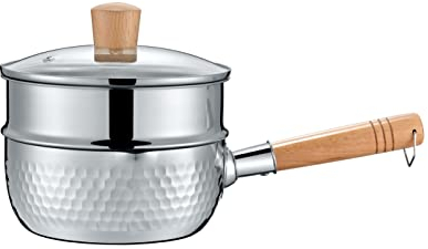 CONCORD 2 Quart Stainless Steel Yukihira Pan with Steamer. Traditional Japanese Saucepan with Wood Handle. Great for Ramen, Tempura Pot, Milk, etc., Silver