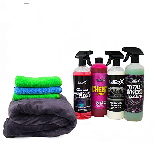 AutoFullCar – Kit Limpieza Premium Coche Moto FullCarX 750 ml – Total Wheel Limpia Salpicaderos Sin Siliconas Cera Carnauba Cherry Foam Bayetas Toalla XXL Detailing Exterior Interior