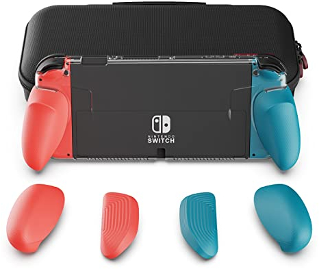 Skull & Co. GripCase OLED Bundle für Nintendo Switch OLED-Modell: Eine Andockbare Transparent Schutzhülle mit Austauschbaren Griffen [Passend für Alle Handgrößen] - Neon-Blau & Neon-Rot