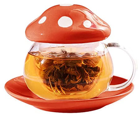Mozacona Glass Mushroom Shape Teacup Saucer Set Coffee Mug with Filter Cup