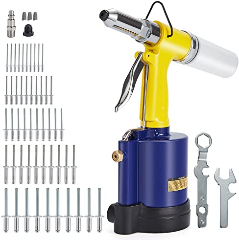 RZX Remachadora neumática de aire para herramienta – 3/32 pulgadas, 1/8 pulgadas, 5/32 pulgadas, 3/16 pulgadas y 1/4 pulgadas de capacidad con 50 remaches ciegos de extremo abierto (1)