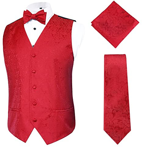 Alizeal Herren Klassische 4pc Paisley Jacquard Weste Anzug Weste Set, Rot-XL