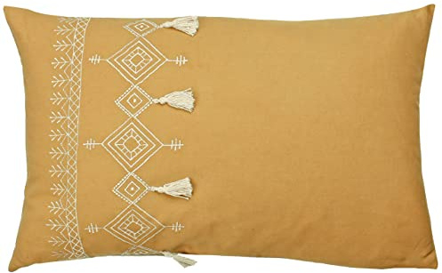 furn. Pritta Cushion Cover – Bohemian Geometric Embroidered Cotton Tassel Trim Case (Mustard – 40x60cm)