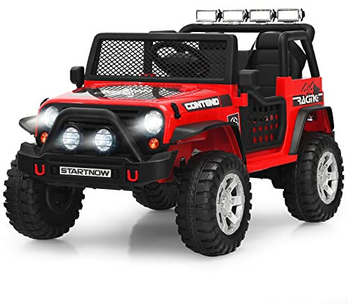 COSTWAY 12V Kids Electric Ride on Truck, Battery Powered Off-road Car with Remote Control, LED Lights, Horn, Music, 4 Spring Suspension Wheels Vehicle Toy for Children (Red)