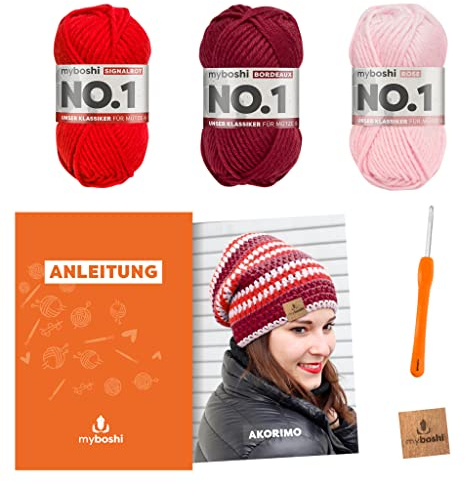 myboshi Häkelset Mütze Akorimo, inkl. No.1 Wolle, Häkelnadel, Anleitung, original Label, Häkelpaket, 30% Merinowolle Rot mit Häkelnadel