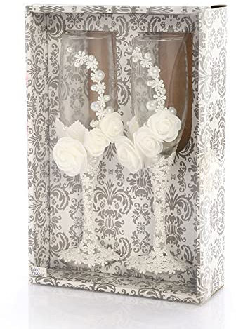 Champaign Flute Glass,White Lace Wedding Champagne Glasses for Bride and Groom | Engraved Customized Wedding Champagne Flutes, Champagne Glasses Set for Couples