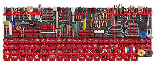 KADAX Werkzeugwandregal Groß, 232x78cm Lagersystem aus robustem Kunststoff, UV-Resistentes Modul-System, Erweiterbare Wandplatten, Werkstattregal für Garage (Rot, 174 tlg.)