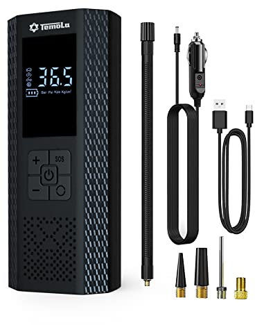 TEMOLA Elektrische Fahrradpumpe, Leistungsstarker Kabelloser Akku Pumpe Fahrrad mit LED Licht, Mini Kompressor Akku Auto Zubehör Essentials für Männer