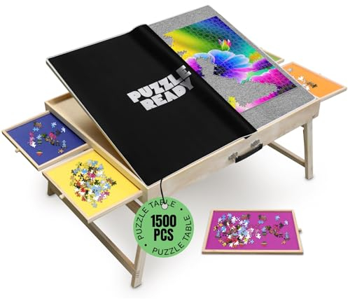 Puzzle Ready 1500-Piece Wooden Jigsaw Puzzle Table - 27 x 36 Foldable Portable Puzzle Board Design with Short Legs, 4 Colorful Drawers, 3 Adjustable Angles & Cover Mat - Fits 1000-1500 Piece Jigsaw