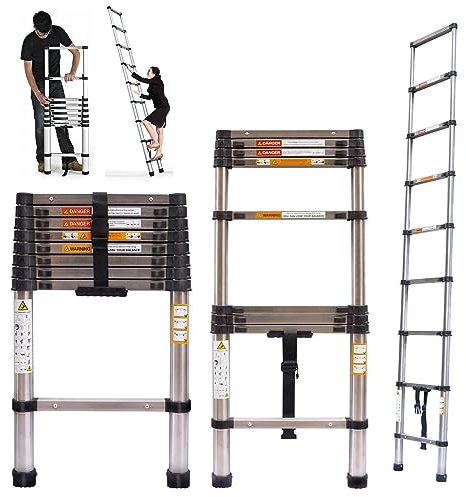 AutoBaBa Telescopic Ladder 2.6M Multi-Purpose Stainless Steel Extendable Ladder with Anti-Slip Feet, En131 Sturdy Loft Ladder Collapsible Ladder for Attic Roof, Silver