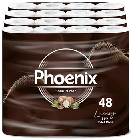Phoenix Soft Shea Butter Fragranced Luxury Toilet Rolls Bulk Buy - Quilted White 3 Ply Toilet Paper (48 Pack)