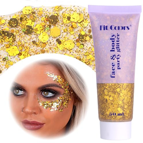 Body Glitter Gel, Festival Glitzer Gesicht, 50ml Glitter Liquid Gel, Körperglitzer Festival Zubehör Glitter für Make Up Cosmetic Festival Party, DIY, Nägel, Lippen (Gelb)