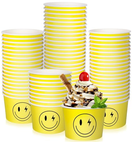 Whaline 100Pcs One Happy Dude Party Favor Snack Bowl 8oz Smile Face Paper Ice Cream Cups Disposable Sundae Bowls Yellow Snack Paper Cups for Birthday Wedding Baby Shower Smile Party